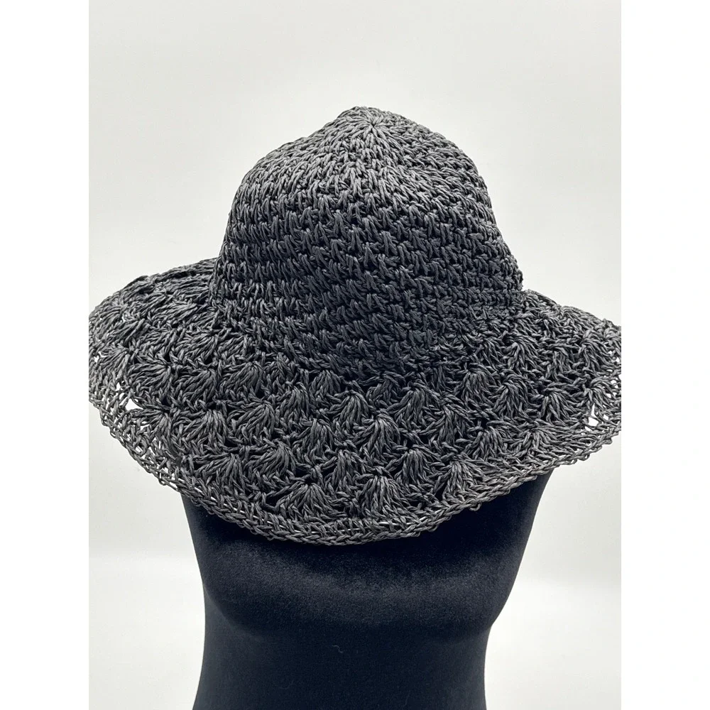 Black Crochet Straw Sun Hat Floppy Wide Brim Boho Summer Bucket Hat NWT T29003-5